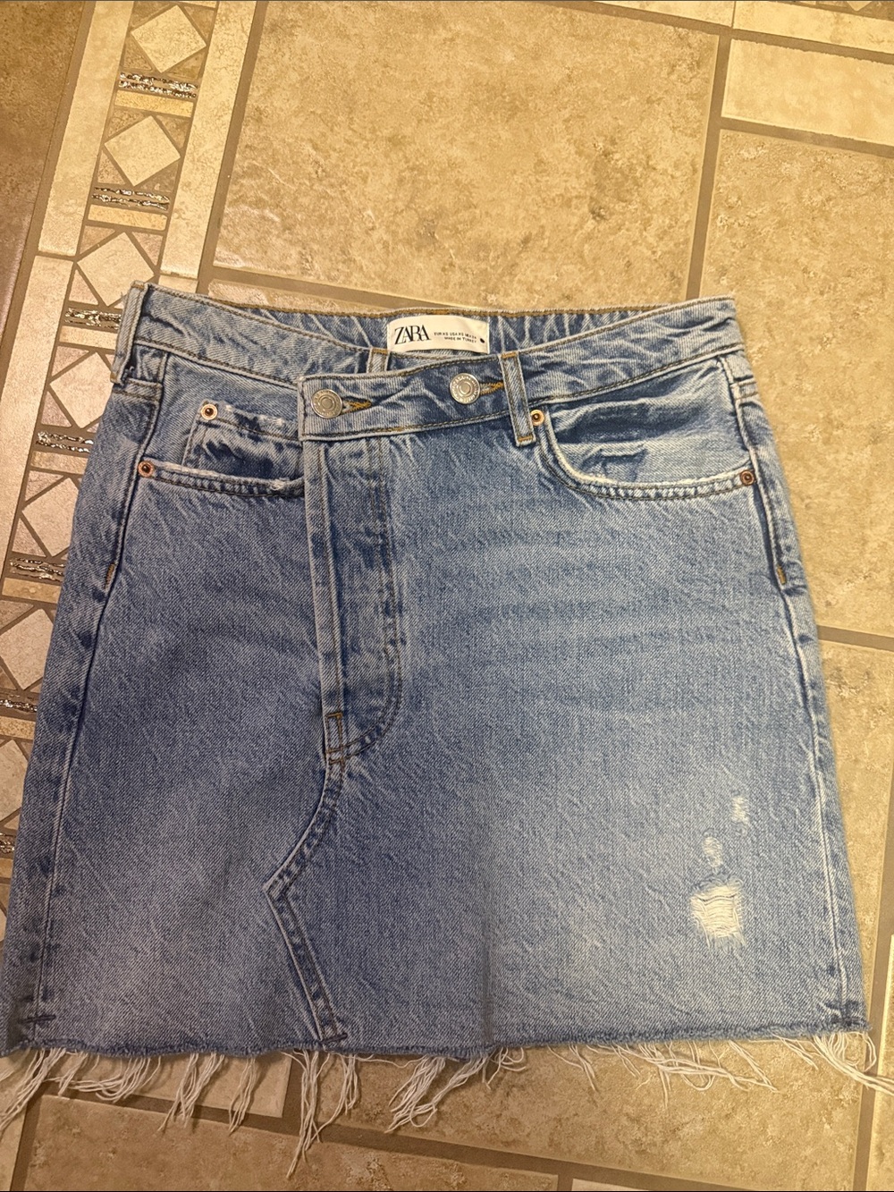 ZARA Light Blue Denim Skirt with Frayed Hem